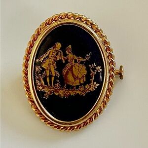 Vintage Limoge 1935-40 Hand Painted Black Porcelain Gold-Tone Black Oval Brooch